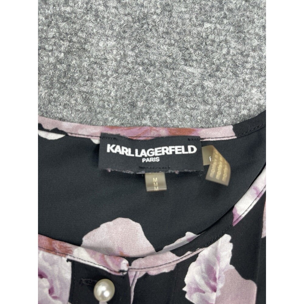 Karl Lagerfeld Top Womens Medium Black Floral Lightweight Long Sleeve Blouse - Picture 6 of 11